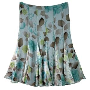 Nine West Blue Green Floral Print Silk Pleated Design A Line Skirt Womens Size 4